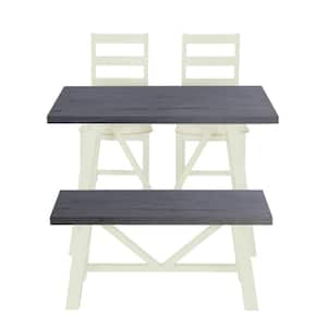 Gray and Butter Milk 4-Piece Solid Wood Table Slat Back Design Chairs and Bench Outdoor Dining Set with Beige Cushion
