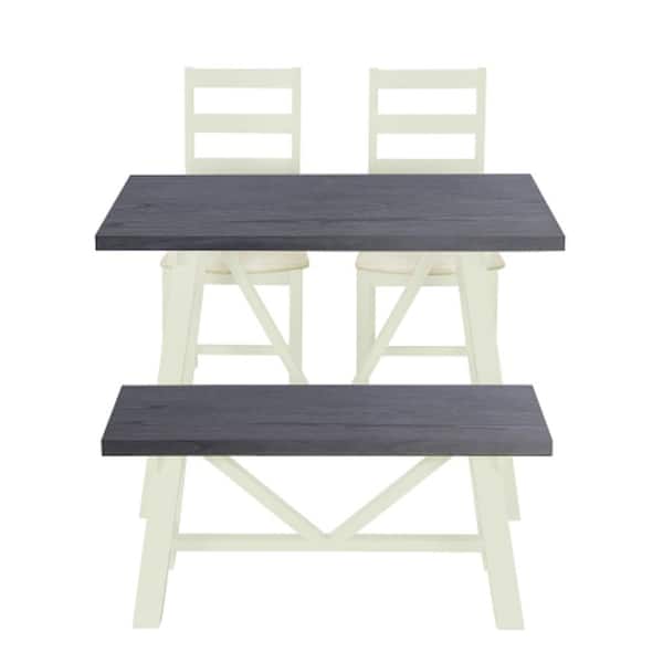 Unbranded Gray and Butter Milk 4-Piece Solid Wood Table Slat Back Design Chairs and Bench Outdoor Dining Set with Beige Cushion