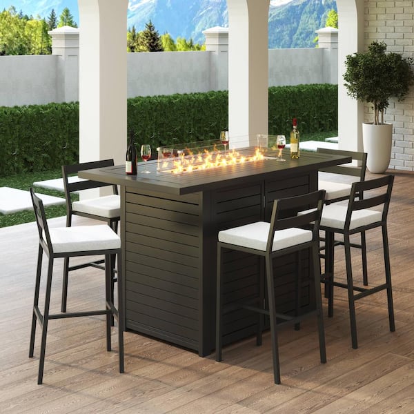 Leisuremod 68" Wide Rectangular Outdoor Fire Pit Bar Table in Aluminum with Lid Glass Guard Chelsea Collection in Black