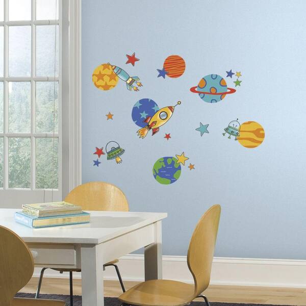 RoomMates 5 in. x 11.5 in. Planets & Rockets Peel and Stick Wall Decal
