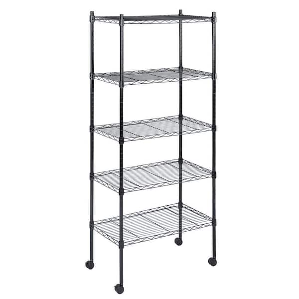 5-Tier Heavy Duty Shelving Units, Wire Shelf 1000 lbs. Capacity, Adjustable Shelf with Wheels and Leveling Feet, Black
