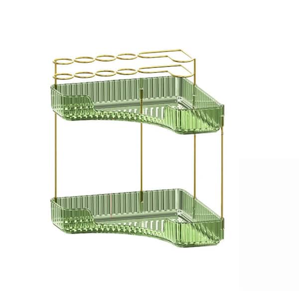 2-Tier Corner Countertop Vanity Organizer with Brush Holder in Green for Bathroom Dresser and Vanity Cosmetic Storage