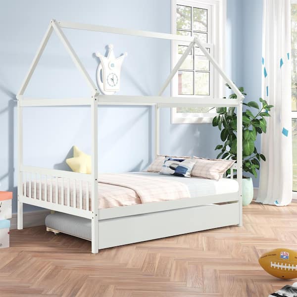 Seafuloy 79.5in.Lx57in.W White Pine Full Size House Kids Bed Trundle C-W697S00021 - The Home