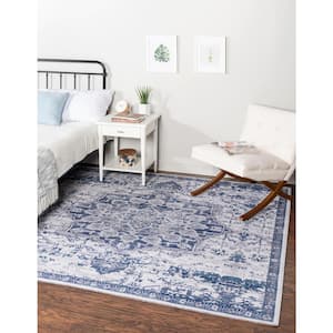 Renaissance Roma Gray Blue 5 ft. 3 in. x 5 ft. 3 in. Machine Washable Area Rug