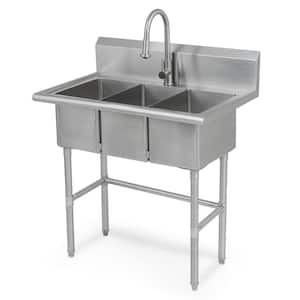 38 in. W x 24 in. D Freestanding Stainless Steel 3-Compartment Commercial Laundry/Utility Sink with Faucet and Drain