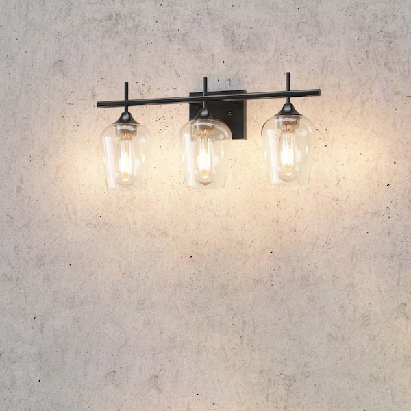 CLAVIE Hanging Bathroom Light Fixtures 3-Light 22 in. W x 9 in. H Wall Sconces with Clear Glass Shade Vanity Light in Black