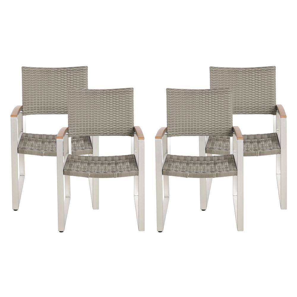 Noble House Landis Silver Aluminum and Gray Wicker Outdoor Dining Chairs (4Pack) 110839 The