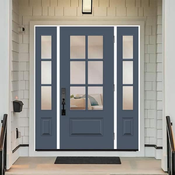 Steves & Sons Legacy 60 in. x 80 in. 3/4-6Lite Clear Glass LHOS Primed Dark Denim Finish Fiberglass Prehung Front Door w/Dbl 10in.SL