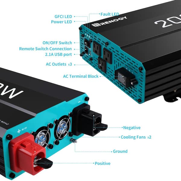 Renogy 2000-Watt Pure Sine Wave Inverter 12V DC to 120V AC