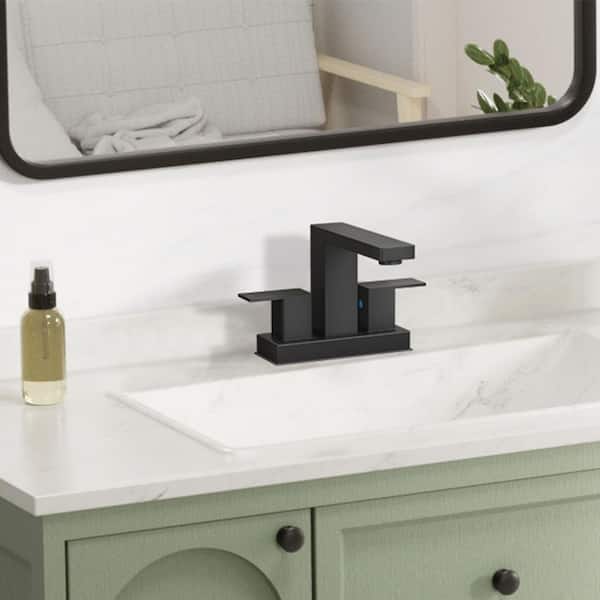 4 in. Centerset Double Handle Bathroom Faucet with ‎Pop Up Drain in Black