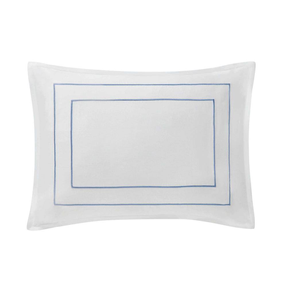 White Cotton Queen Duvet Cover Set with Blue Embroidery