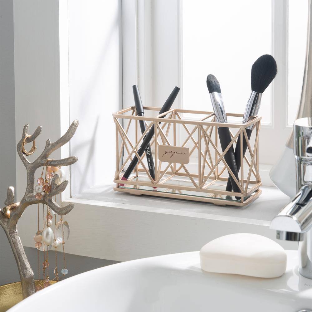 Rose Gold Metal 3-Compartment Cosmetic Organizer with Mirrored Base