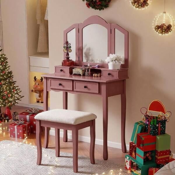UOI 2-Piece Rose Gold Wooden Vanity Table Set with Tri-Fold Mirror and Upholstered Stool durable construction