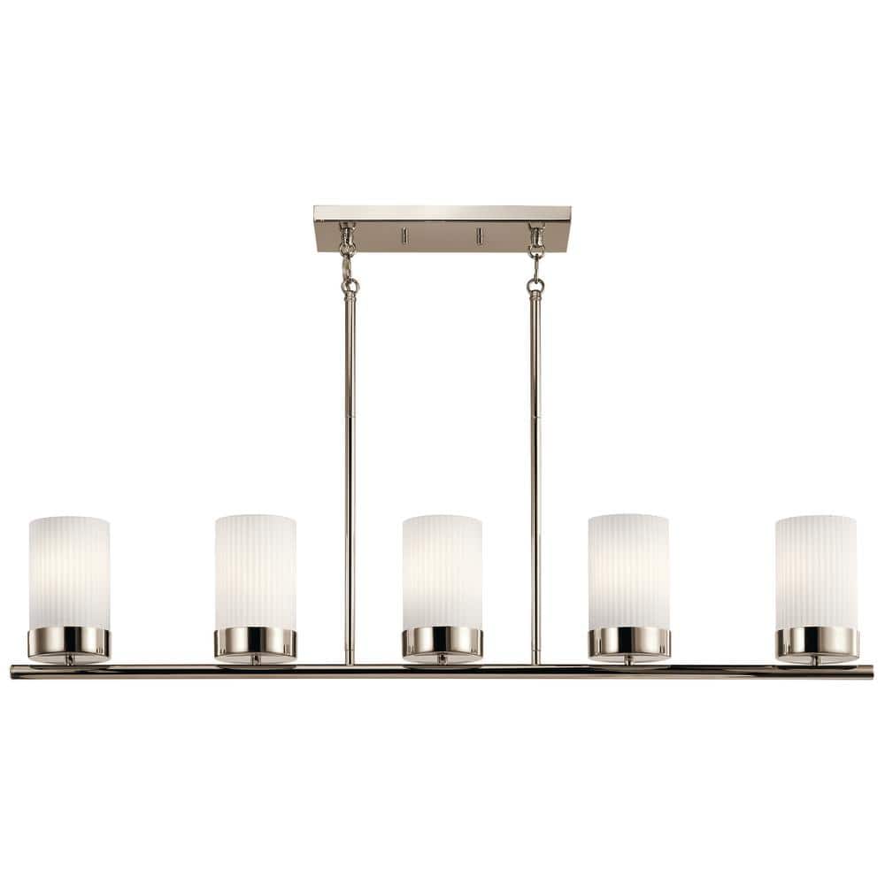 Polished Nickel and Brass 5-Light Linear Chandelier with Ribbed Glass Shades