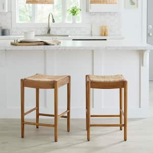 Hamlin Backless Natural Woven Counter Stools in Patina (Set of 2)