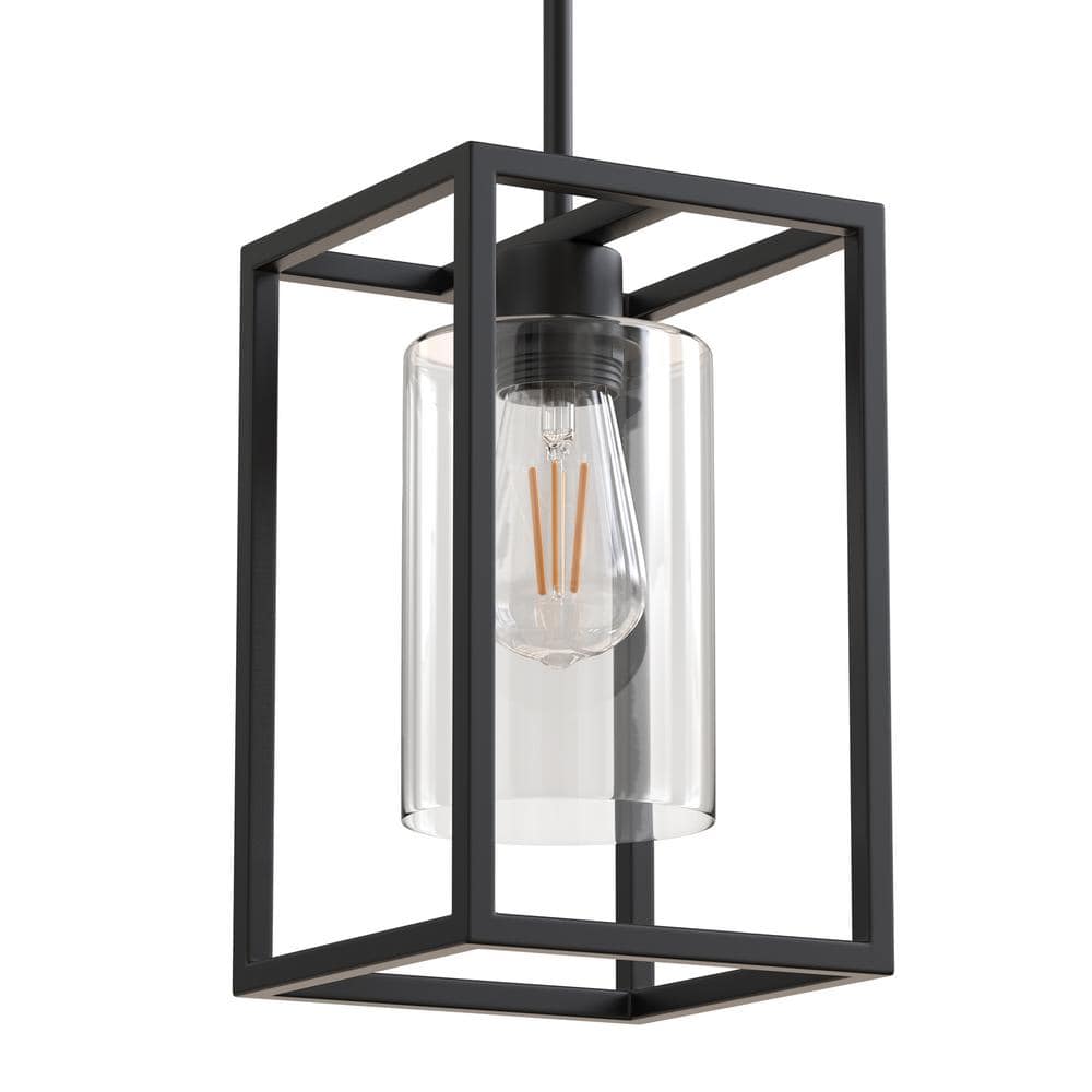 YANSUN 7 in. 1-Light Black Square Chandelier with Clear