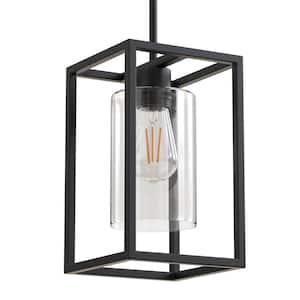 7 in. 1-Light Black Square Chandelier with Clear Glass, Retro Industrial Hanging Light for Kitchen Island