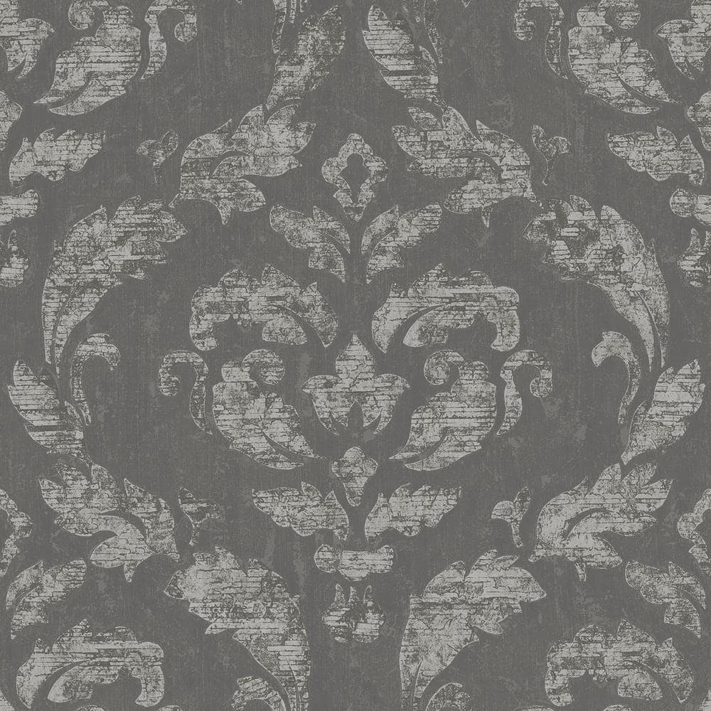 Ambiance Charcoal/Silver Metallic Textured Large Damask Vinyl Non-Pasted Wa