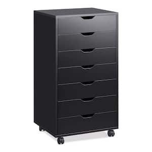 Black Wood File Cabinet with 7-Drawers and 4-Wheels