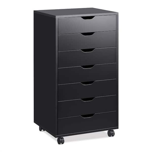 Tidoin Black Wood File Cabinet with 7-Drawers and 4-Wheels