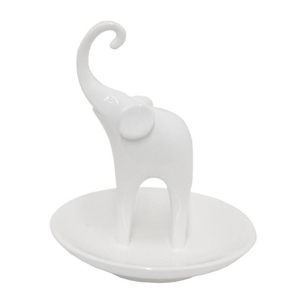 THREE HANDS White Resin Trumpeting Elephant Ring Holder