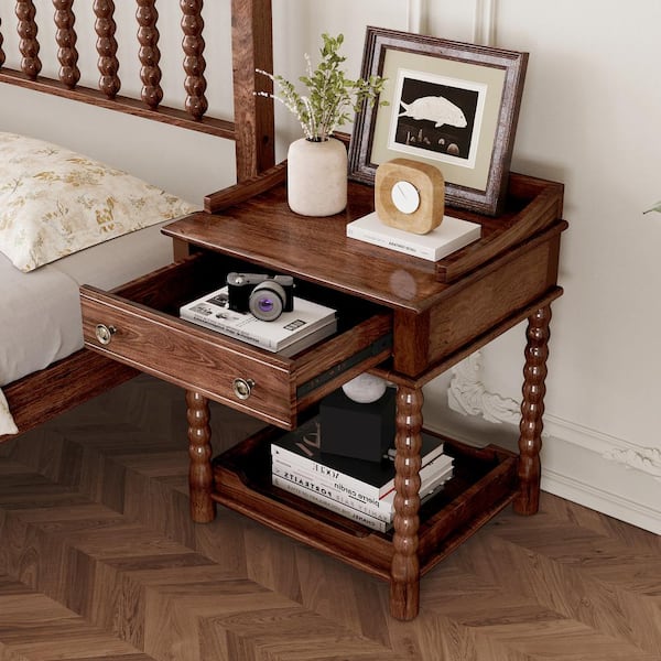 Retro Style Walnut 1-Drawer Nightstand with Open Shelf, Turned Legs, Metal Handle