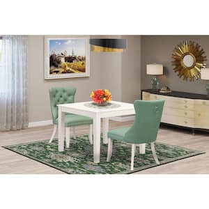 3-Piece Linen White Finish Square Solid Wood Top Dining Table Set