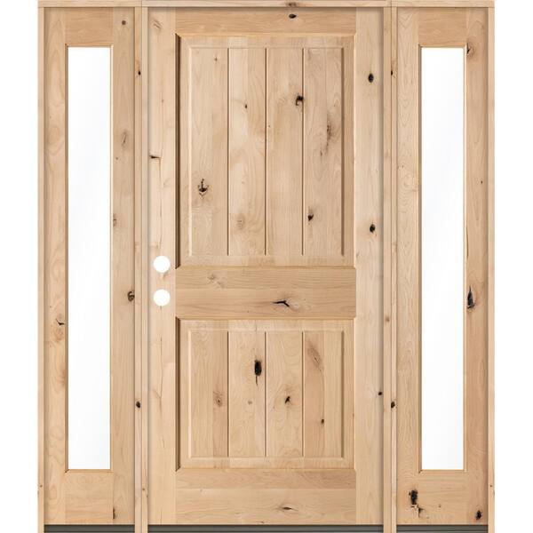 Krosswood Doors 70 in. x 80 in. Rustic Knotty Alder Square Top Right-Hand/Inswing Clear Glass Unfinished Wood Prehung Front Door w/DFSL