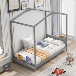 Wood Gray Twin Size House Platform Bed with Headboard