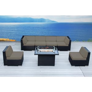 Ohana Black 7 -Piece Wicker Patio Fire Pit Seating Set with Sunbrella Taupe Cushions