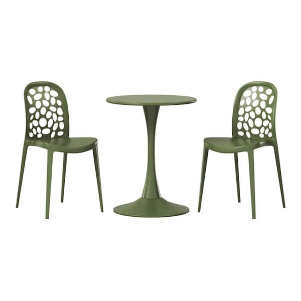 WESTIN OUTDOOR Frond and Form Outdoor Patio Modern 3-Piece Round HDPE Plastic Bistro Dining Set with Stackable Chairs, Olive Green