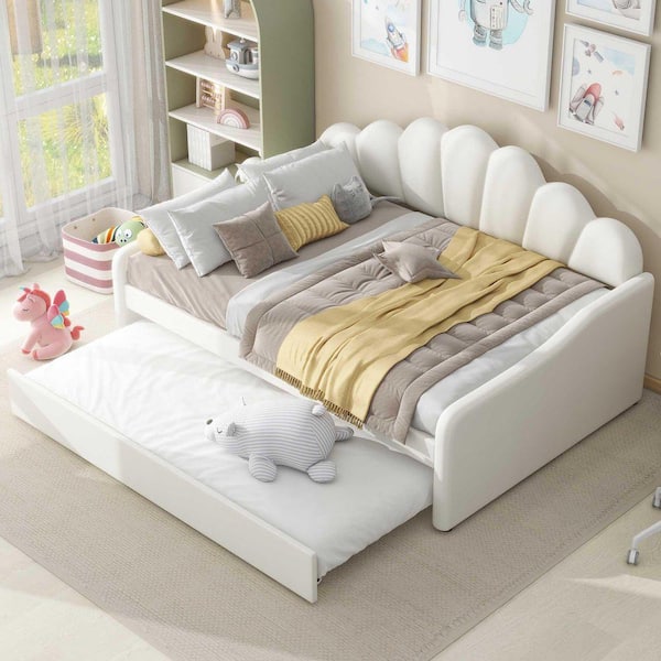 White Full Upholstered Daybed with Shall Shaped Backrest and Trundle