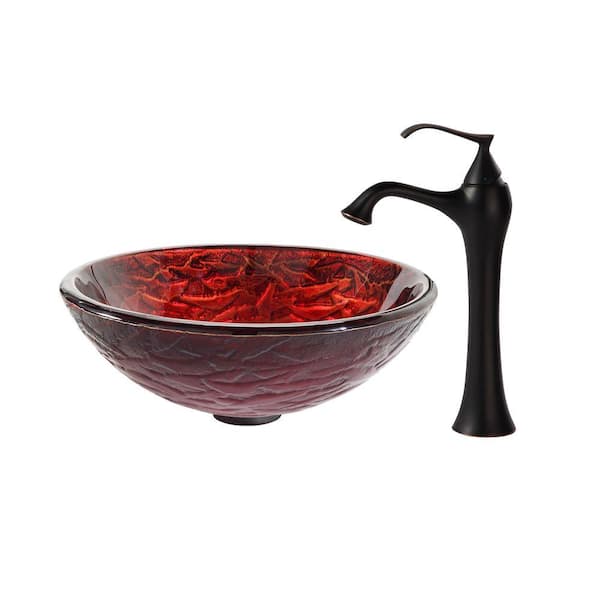 KRAUS Nix Glass Vessel Sink in Red with Ventus Faucet in Oil Rubbed Bronze
