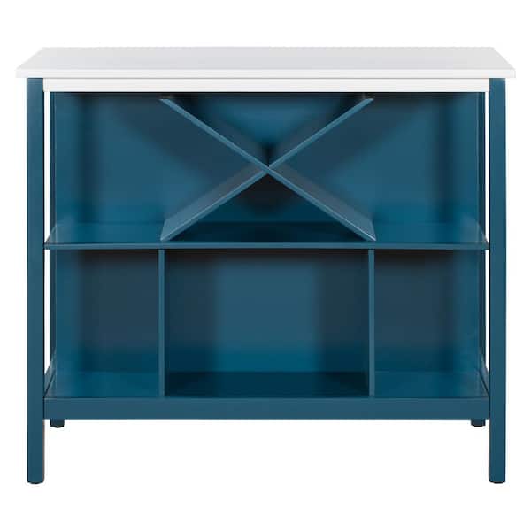 URTR 42 in. Rectangle Rustic Blue Wood Top Stationary Counter Height Kitchen Island Dining Table with Shelves and Wine Rack