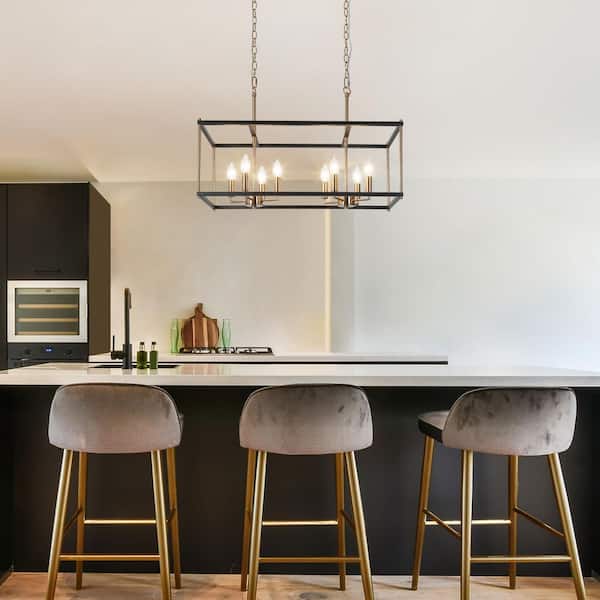 Transitional 8-Light Black Kitchen Island Candlestick Chandelier, Modern Mid-century Brass Linear Dining Room Chandelier