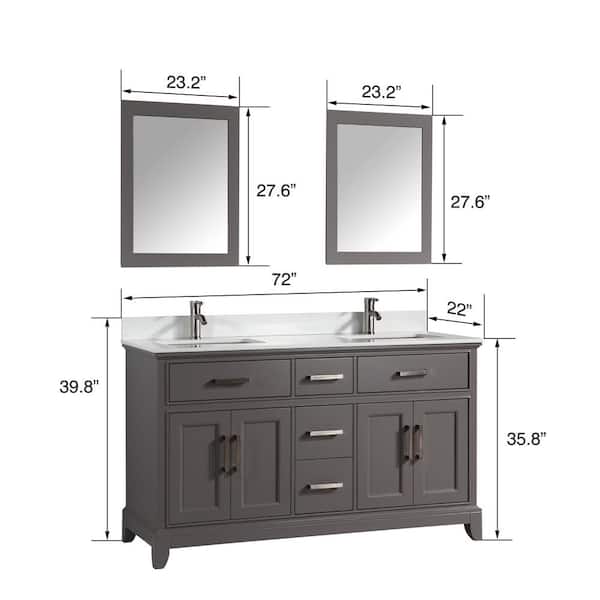Genoa 72 in. W x 22 in. D x 36 in. H Bath Vanity in Grey with Engineered Marble Top in White with Basin and Mirror