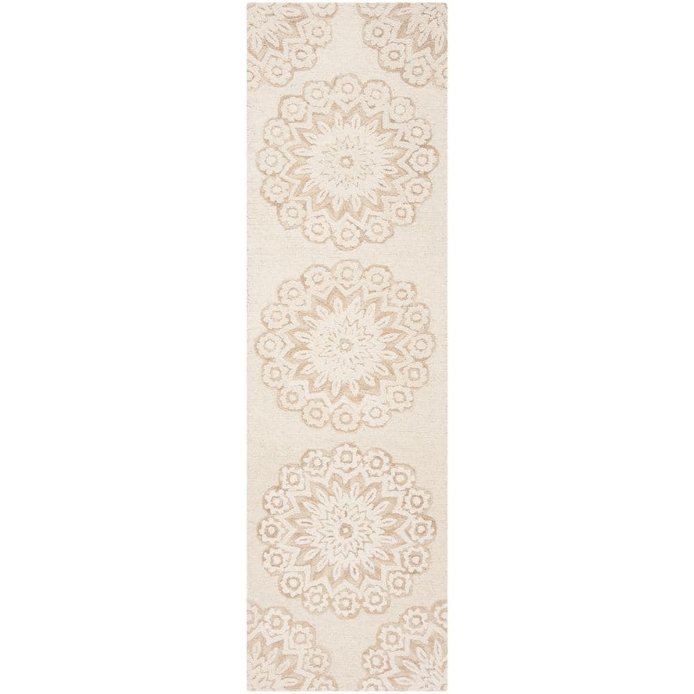 Handmade White Floral Tufted Wool Area Rug 27" x 7"