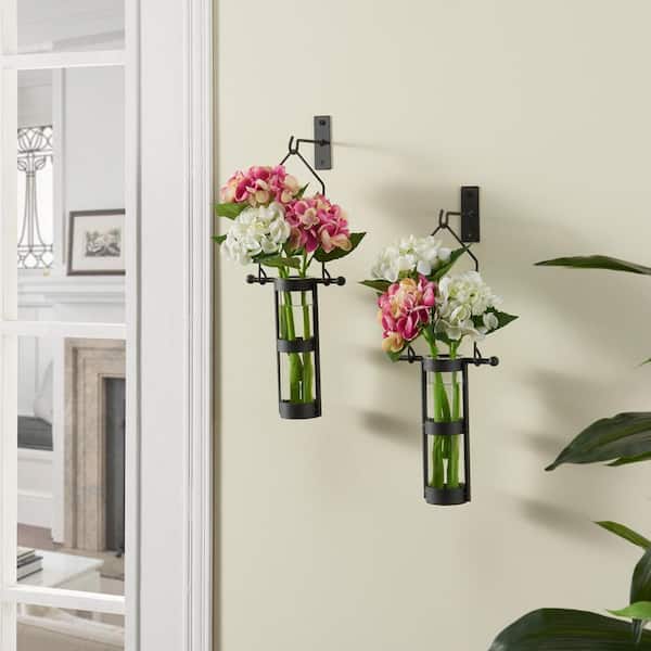 Urbanne Rustic Black Metal Wall Mount Hanging Glass Cylinder Decorative Vases (Set of 2)
