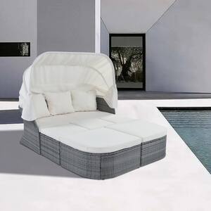 Gray 6-Piece Wicker Outdoor Conversation Sunbed Set with Beige Cushions, Retractable Canopy