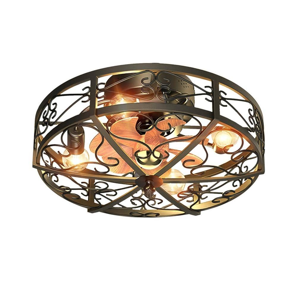 19.6 in. Indoor Black 4-Light Wood Industrial Metal Iron Cage Low Profile F