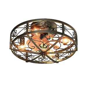 19.6 in. Indoor Black 4-Light Wood Industrial Metal Iron Cage Low Profile Flush Mount Ceiling Fan with Light and Remote