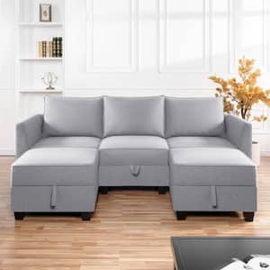 Modular Reversible U-Shaped Sectional Sofa with Double Chaise and Ottomans, Modern Linen Couch with Storage Seats, Gray