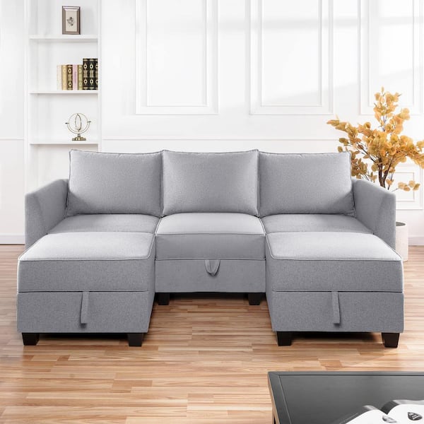 Modular Reversible U-Shaped Sectional Sofa with Double Chaise and Ottomans, Modern Linen Couch with Storage Seats, Gray