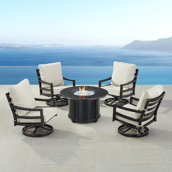 Oakland Living Black 7-Piece Aluminum Patio Fire Pit Set with 4-Club Chairs Light Grey Cushions