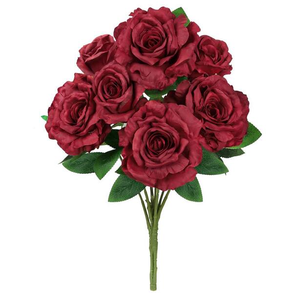 LIVING LUXURY 22 in. Burgundy Artificial Grand Rose Flower Stem Bush Bouquet (Set of 2)
