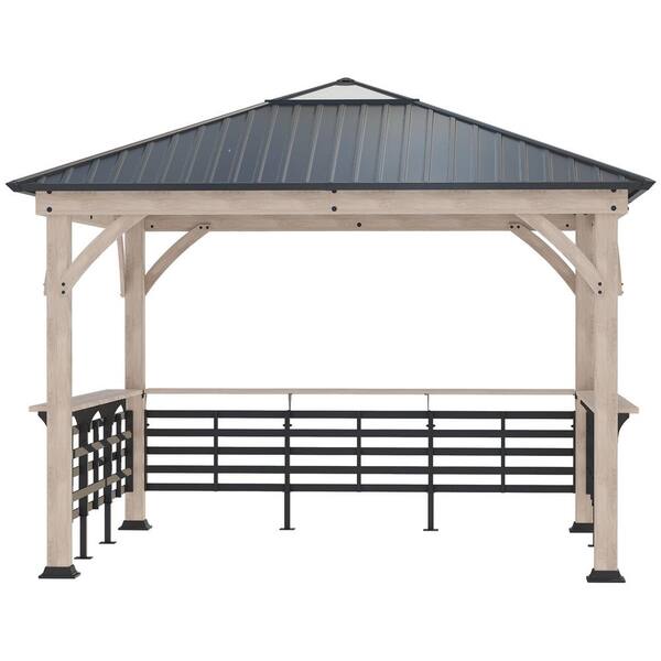 Outsunny 11' x 11' Outdoor Gazebo Grill Canopy with Bar Counters, Ceiling Hook, Metal and Acrylic Combined Roof - Natural