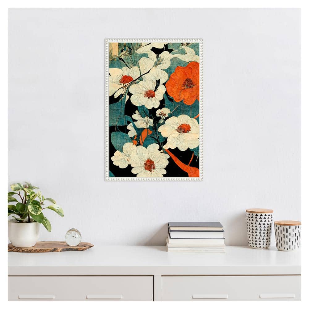 Asian Flowers Beaded Framed Canvas Wall Art Print