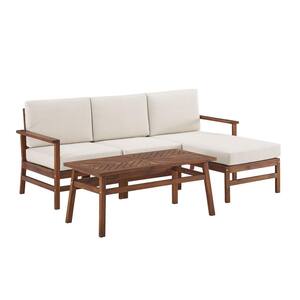 Dark Brown 4-Piece Acacia Modern Patio Chaise Sectional Seating Conversation Set with Ivory Cushions