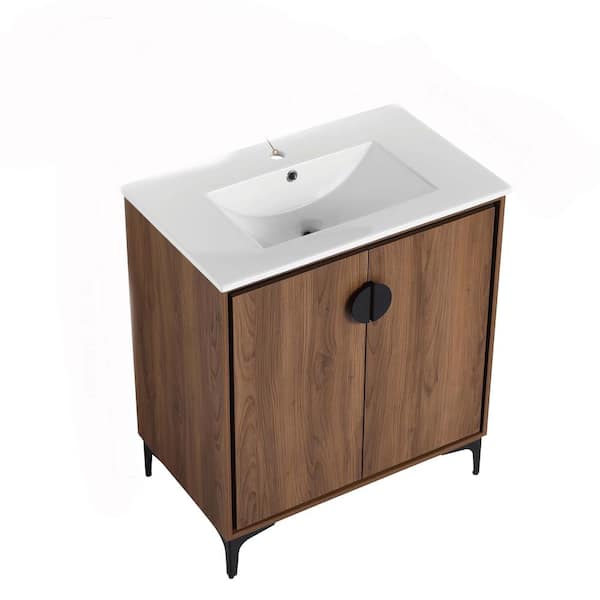 Unbranded 30 in. W x 18.31 in D. x 33.86 in. H Engineered Wood Bath Vanity in Brown with White Ceramic Top and Soft Closing Doors
