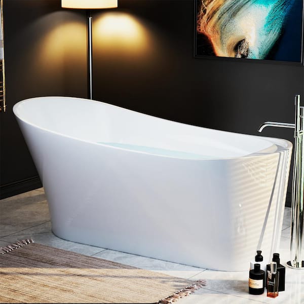 Empava 67 in. Acrylic Flatbottom Single Slipper Freestanding Soaking Bathtub in White with Polished Chrome Overflow and Drain
